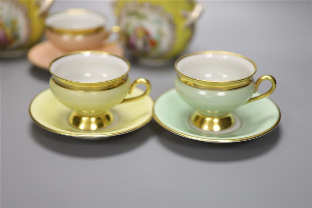 A pair of Dresden cache pots and a Danish porcelain coffee set, tallest 9.5cm